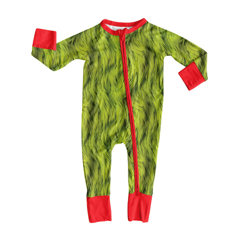 Preorder MOQ 5 pcs LR2498 Christmas Fur Print Green Baby Sleepers