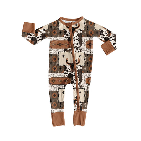 Preorder MOQ 5 pcs LR2505 Western Skull Bull Brown Baby Sleepers