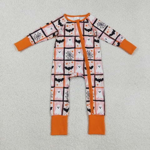LR2539 Halloween Ghost Bats Orange Baby Footie Sleepers