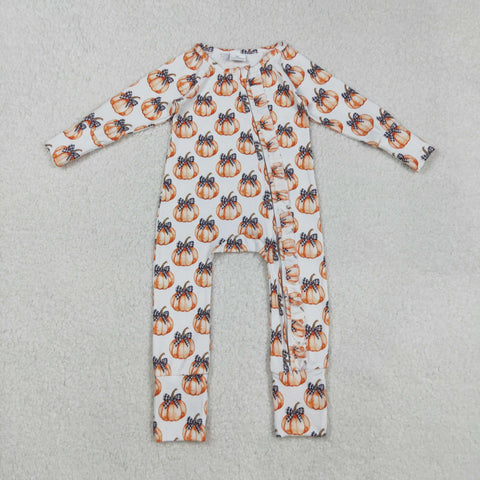 LR2557 Fall Pumpkin Bows Baby Footie Sleepers