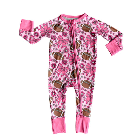 Preorder MOQ 5 pcs LR2559 Baseball Bows Flower Pink Baby Sleepers
