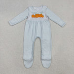 LR2560 Embroidery Pumpkin Plaid Baby Footie Romper