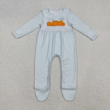 LR2560 Embroidery Pumpkin Plaid Baby Footie Romper
