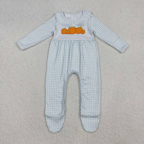 LR2560 Embroidery Pumpkin Plaid Baby Footie Romper