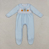 LR2561 Embroidery Thanksgiving Turkey Pumpkin Footie Baby Boy Romper