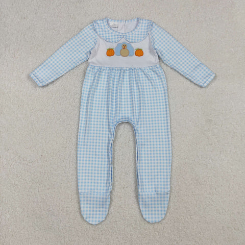 LR2561 Embroidery Thanksgiving Turkey Pumpkin Footie Baby Boy Romper