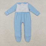LR2562 EmbroideryThanksgiving Turkey Pumpkin Blue Baby Boy Romper