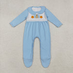 LR2562 EmbroideryThanksgiving Turkey Pumpkin Blue Baby Boy Romper