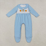 LR2562 EmbroideryThanksgiving Turkey Pumpkin Blue Baby Boy Romper