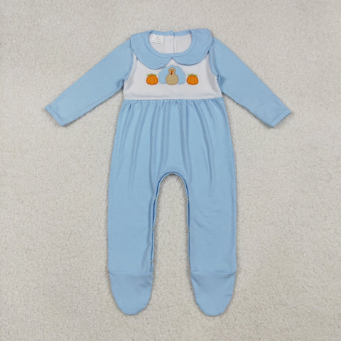 LR2562 EmbroideryThanksgiving Turkey Pumpkin Blue Baby Boy Romper