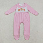 LR2563 Embroidery Thanksgiving Turkey Pumpkin Footie Baby Girls Romper