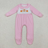 LR2563 Embroidery Thanksgiving Turkey Pumpkin Footie Baby Girls Romper