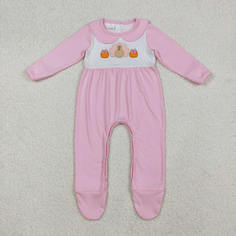 LR2563 Embroidery Thanksgiving Turkey Pumpkin Footie Baby Girls Romper