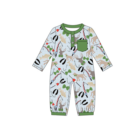 Preorder MOQ 5 pcs LR2564 Hunting Fishing Dog Green Baby Boy Romper