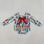 LR2575 Christmas Green Animal Big Bow Baby Girls Bubble Romper