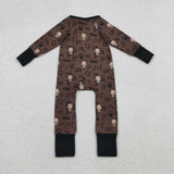 LR2591 Western Skull Bull Brown Baby Sleepers Footie Romper