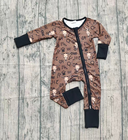 Preorder Samples LR2591 Western Skull Bull Brown Baby Sleepers Footie Romper