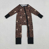 LR2591 Western Skull Bull Brown Baby Sleepers Footie Romper