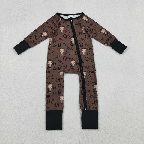 LR2591 Western Skull Bull Brown Baby Sleepers Footie Romper