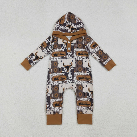 LR2592 Western Skull Bull Hoodie Baby Boys Romper