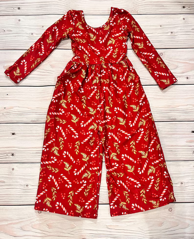 Preorder 09.25 LR2609 SR3178 Christmas Candy Canes Red Girl's Jumpsuit