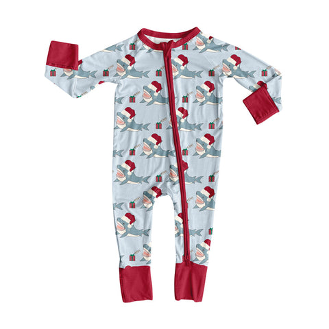 Preorder MOQ 5 Pcs LR2614 baby Christmas Shark zipper romper