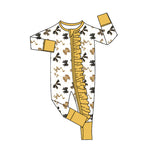 Preorder MOQ 5 Pcs LR2619 baby girls yellow black bow floral zip romper
