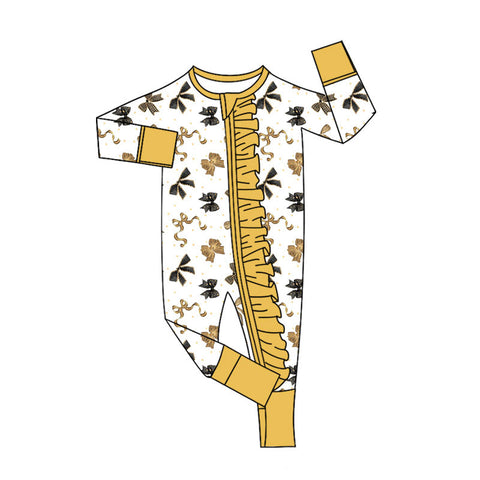 Preorder MOQ 5 Pcs LR2619 baby girls yellow black bow floral zip romper