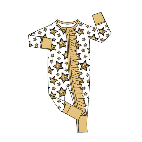 Preorder MOQ 5 Pcs LR2620 baby girls yellow star floral zip romper