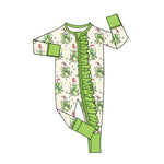 Preorder MOQ 5 Pcs LR2621 baby girls Christmas cartoon green floral zip romper