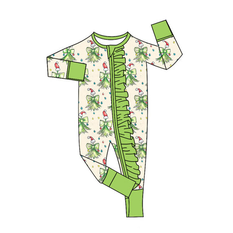 Preorder MOQ 5 Pcs LR2621 baby girls Christmas cartoon green floral zip romper