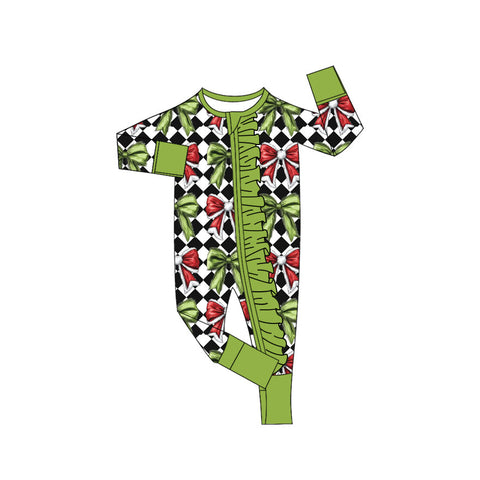 Preorder MOQ 5 Pcs LR2622 baby girls Christmas red green bow checkered floral zip romper