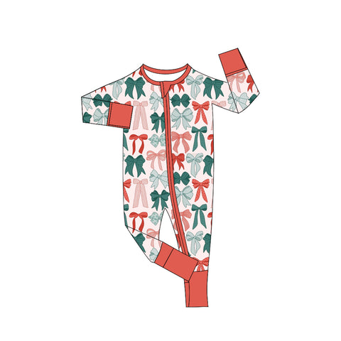 Preorder MOQ 5 Pcs LR2623 Christmas Coquette Bows Baby Zipper Romper Sleepers