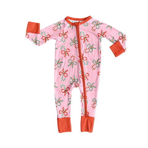 Preorder 09.24 LR2634 Christmas Bows Candy Canes Pink Baby Sleepers Romper