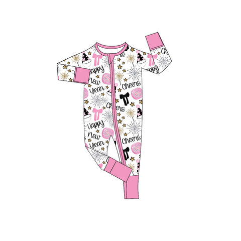 Preorder 09.24 LR2636 Happy New Year Cheers Bows Baby Sleepers Romper