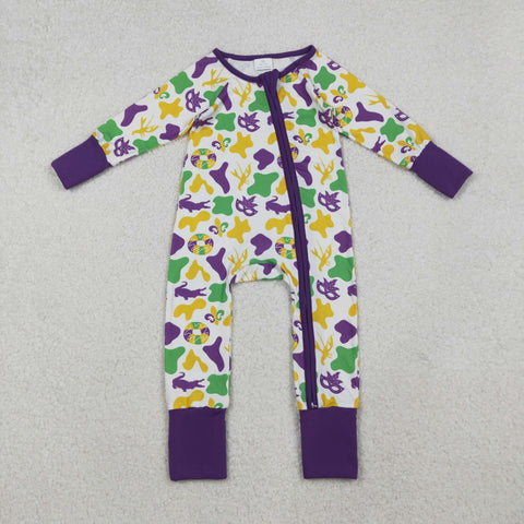 LR2637 Mardi Gras Camo Baby Sleepers Romper