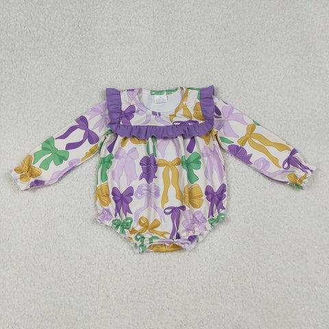 LR2642 Mardi Gras Bows Purple Baby Girls Romper