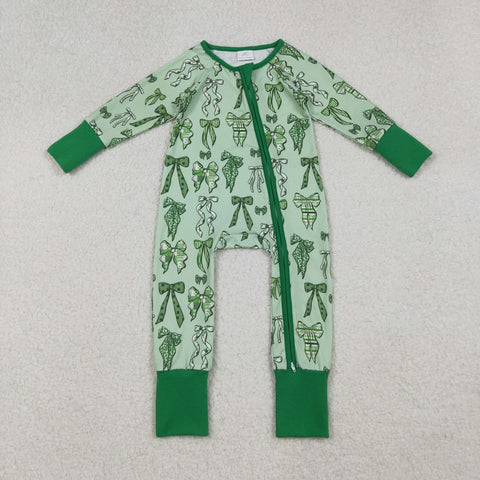 LR2654 Christmas Bows Green Baby Sleepers Romper