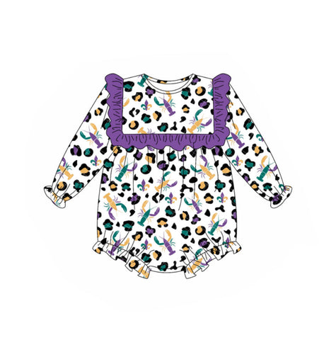 Preorder 10.01 MOQ 5 pcs LR2666 Mardi Gras Crawfish Leopard Baby Girls Romper