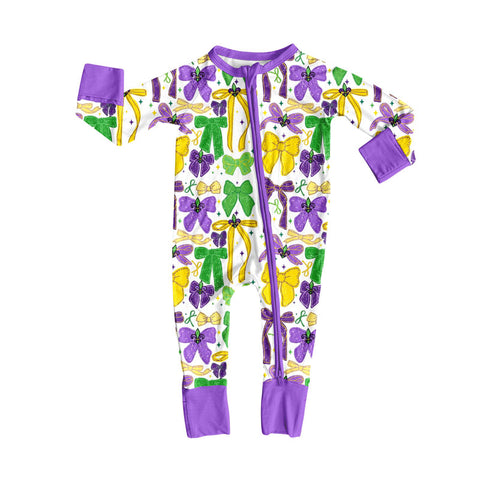 Preorder 10.01 MOQ 5 pcs LR2673 Mardi Gras Bows Baby Sleepers Romper