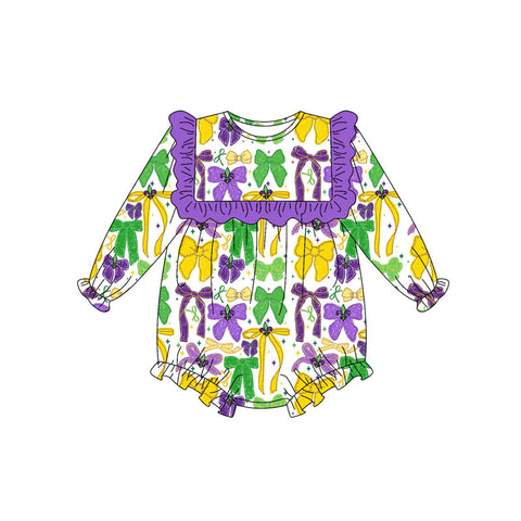 Preorder 10.01 MOQ 5 pcs LR2674 Mardi Gras Bows Baby Girls Romper
