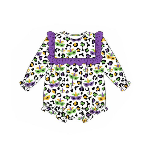 Preorder 10.01 MOQ 5 pcs LR2675 Mardi Gras Leopard Mask Baby Girls Romper