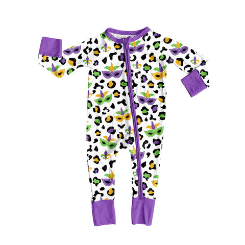 Preorder 10.01 MOQ 5 pcs LR2676 Mardi Gras Leopard Mask Baby Sleepers Romper