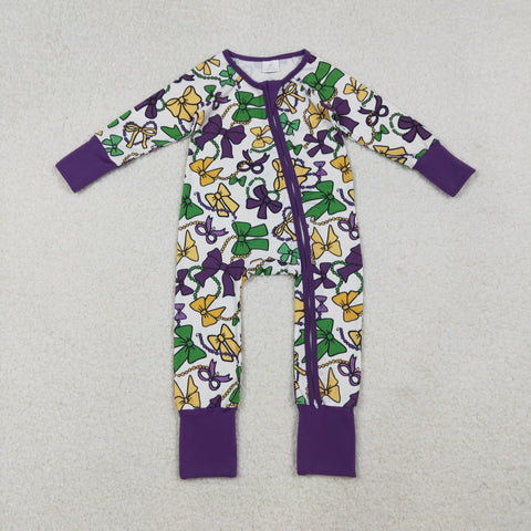 LR2678 Mardi Gras Bows Baby Footie Sleepers Romper