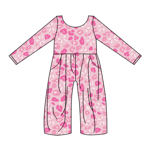 Preorder 10.03 MOQ 5 pcs Leopard Bows Pink Girl's Jumpsuit