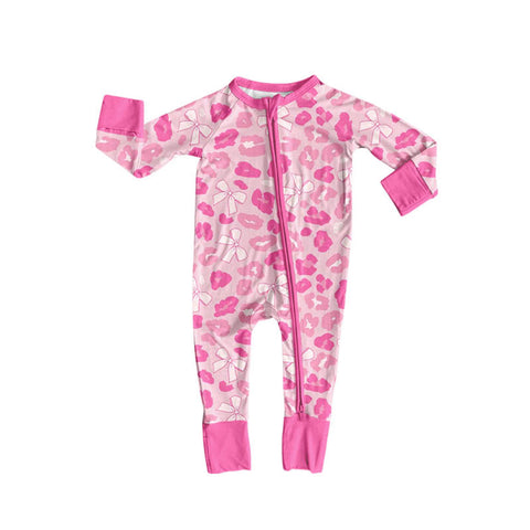 Preorder 10.06 MOQ 5 pcs LR2686 Leopard Bows Pink Baby Sleepers Romper