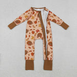 LR2689 Thanksgiving Turkey Pumpkin Bows Baby Sleepers Romper