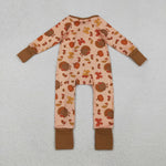 LR2689 Thanksgiving Turkey Pumpkin Bows Baby Sleepers Romper