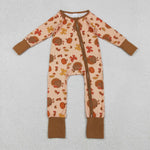 LR2689 Thanksgiving Turkey Pumpkin Bows Baby Sleepers Romper