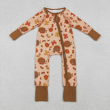 LR2689 Thanksgiving Turkey Pumpkin Bows Baby Sleepers Romper